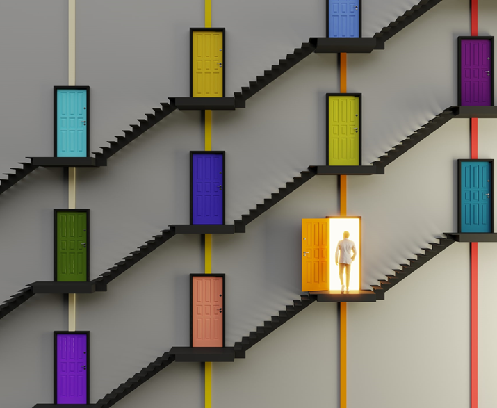 An abstract staircase and multi colored doors, individual one is open and a man going in, symbolizing choice concept.