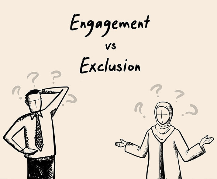 Line drawing of a man and woman looking confused surrounded by question marks and the words ‘Engagement vs. Exclusion’.