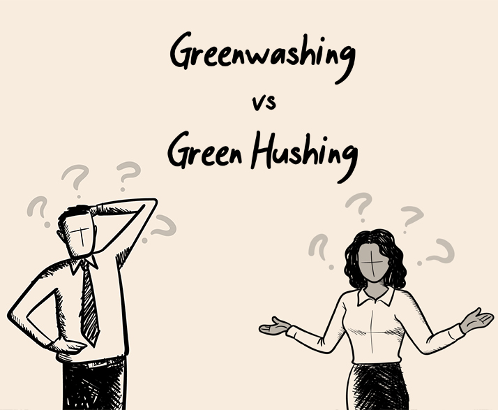 Line drawing of a man and woman looking confused surrounded by question marks and the words ‘Greenwashing vs. Green Hushing’.