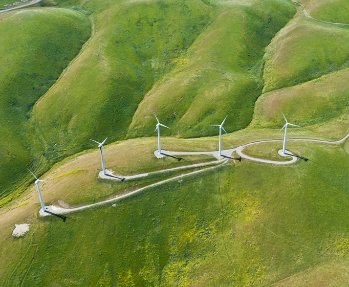 Windmills dot the hills in the Altamount Pass of Northern California.