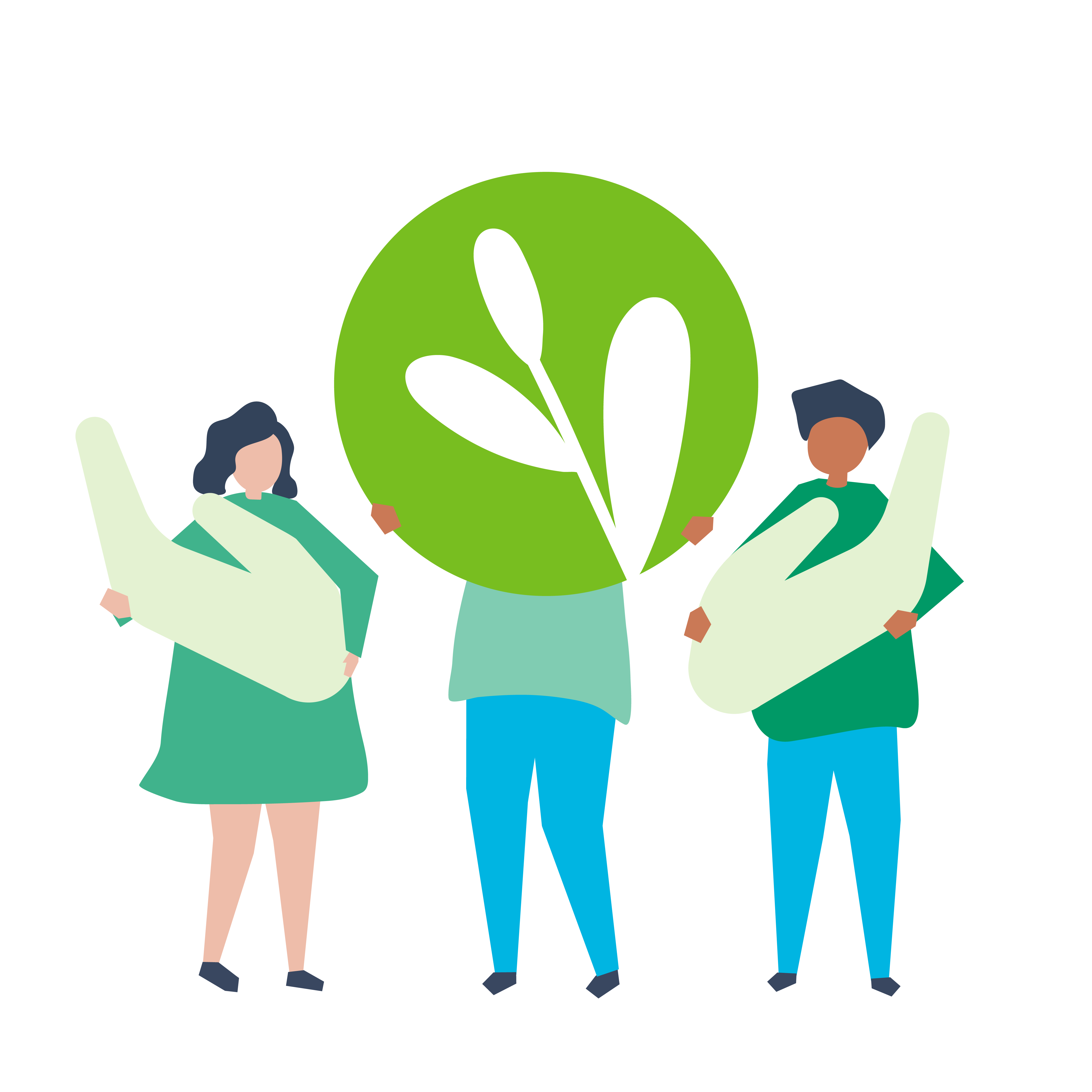 comic image of three people holding up a plant